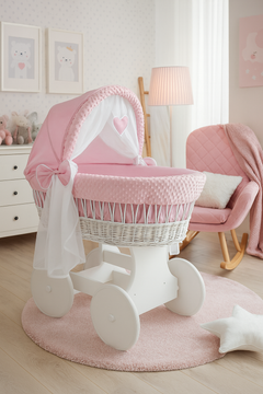 White Wicker Baby Moses Basket Wheels Pink Dimple Bedding - MyHappy Baby
