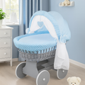 Grey Wicker Baby Moses Basket + Blue Dimple Bedding
