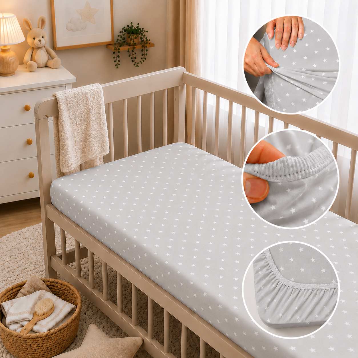 2 Pack Jersey Fitted Sheets 90x40 cm for Baby Cribs (Small Stars with Grey)