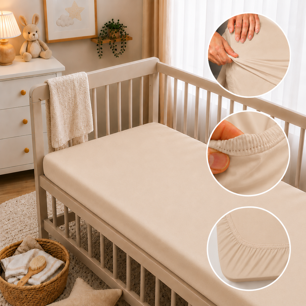 BABYMAM 4 Pack Cot Fitted Sheets 120x60 cm, 100% Organic Jersey Cotton Baby Cot Sheets, Soft Breathable Baby Bedding, Elasticated Mattress Covers (Beige)
