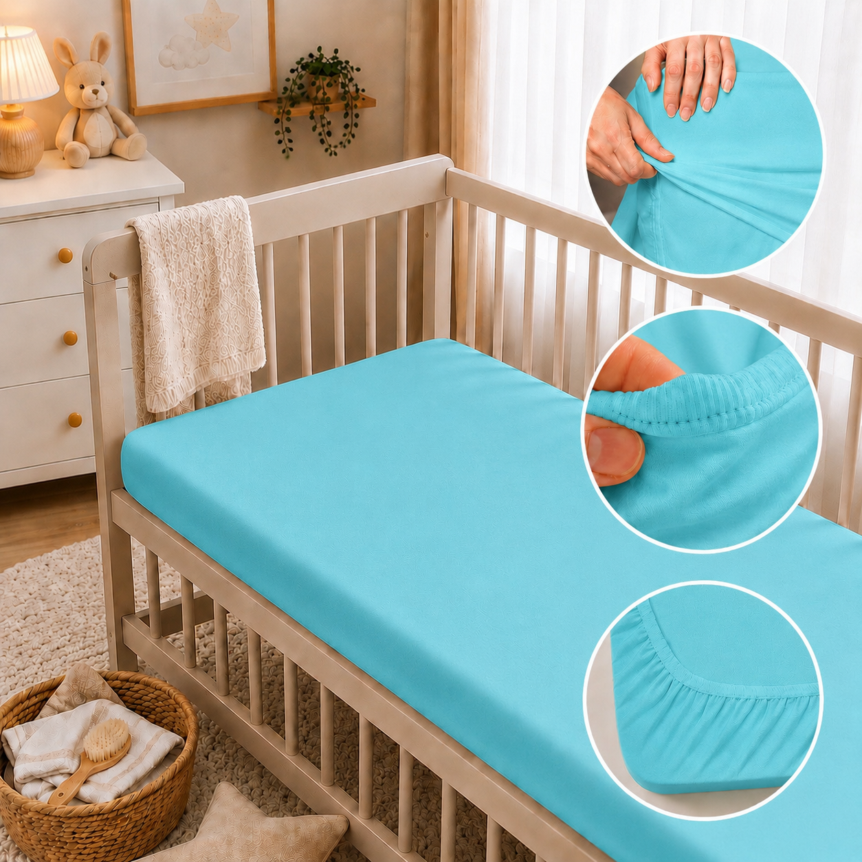 BABYMAM 4 Pack Cot Fitted Sheets 120x60 cm, 100% Organic Jersey Cotton Baby Cot Sheets, Soft Breathable Baby Bedding, Elasticated Mattress Covers (Blue)