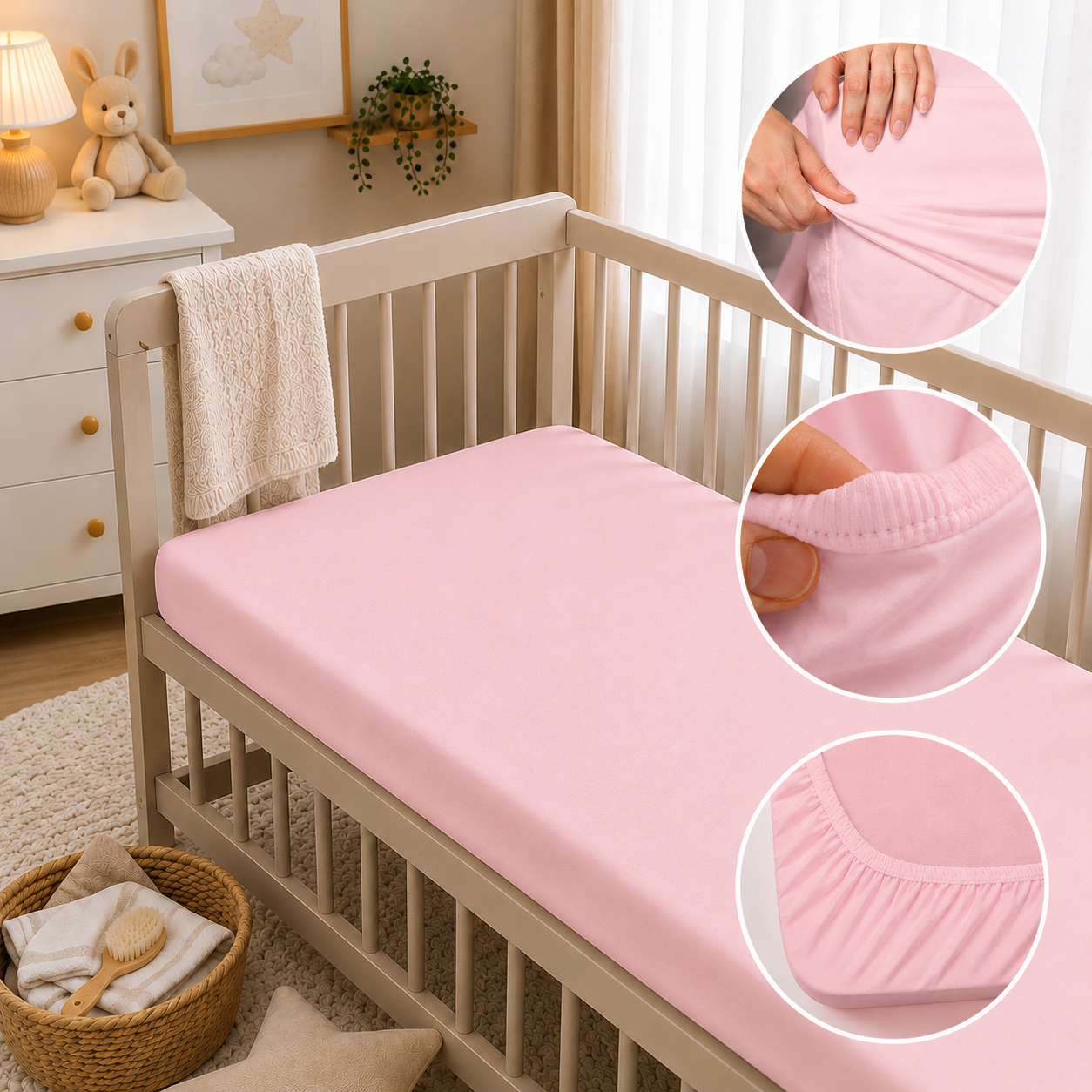 BABYMAM 4 Pack Cot Fitted Sheets 120x60 cm, 100% Organic Jersey Cotton Baby Cot Sheets, Soft Breathable Baby Bedding, Elasticated Mattress Covers (Pink)