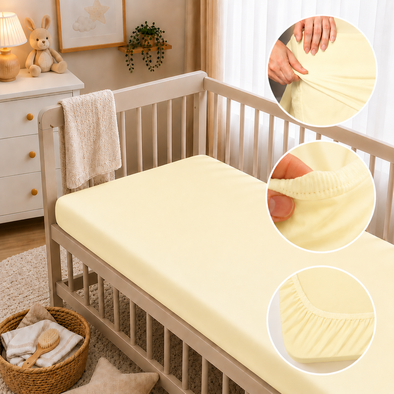 BABYMAM 4 Pack Cot Fitted Sheets 120x60 cm, 100% Organic Jersey Cotton Baby Cot Sheets, Soft Breathable Baby Bedding, Elasticated Mattress Covers (Yellow)
