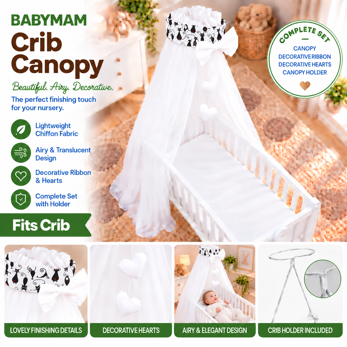 Baby Crib Canopy Mosquito Net with Holder, Decorative Bow & Hanging Hearts – Black Cat