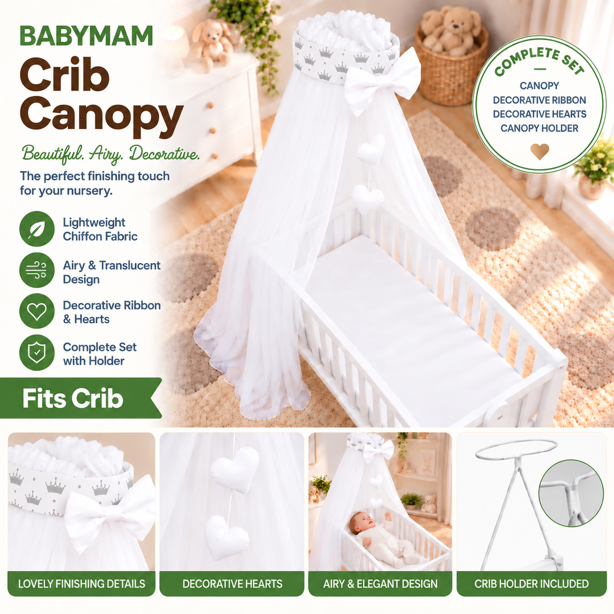 Baby Crib Canopy Mosquito Net with Holder, Decorative Bow & Hanging Hearts – Royal