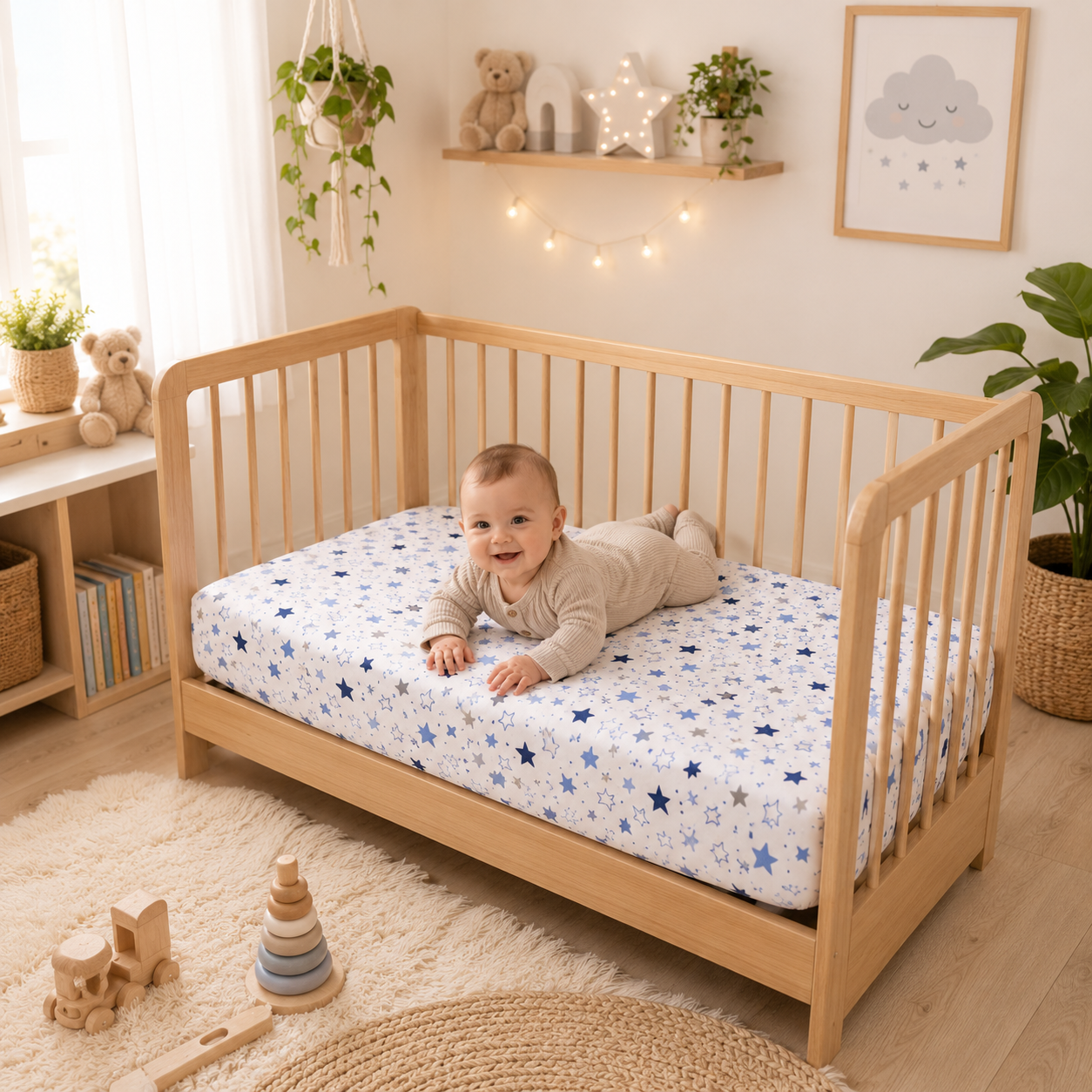 BABYMAM Baby Cot Bed Fitted Sheet 120x60 cm 100% Cotton, Soft Breathable Printed Fitted Sheet for Baby Cot Mattress (Blue Milky Way)