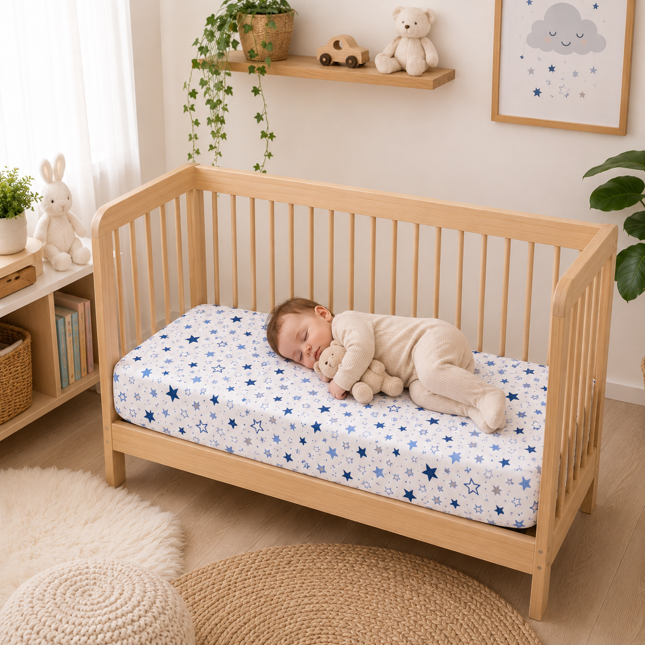 BABYMAM Baby Cot Bed Fitted Sheet 120x60 cm 100% Cotton, Soft Breathable Printed Fitted Sheet for Baby Cot Mattress (Blue Milky Way)