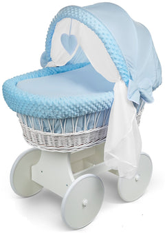 White Wicker Wheels Crib/Baby Moses Basket + Complete Bedding Blue/Dimple - MyHappy Baby