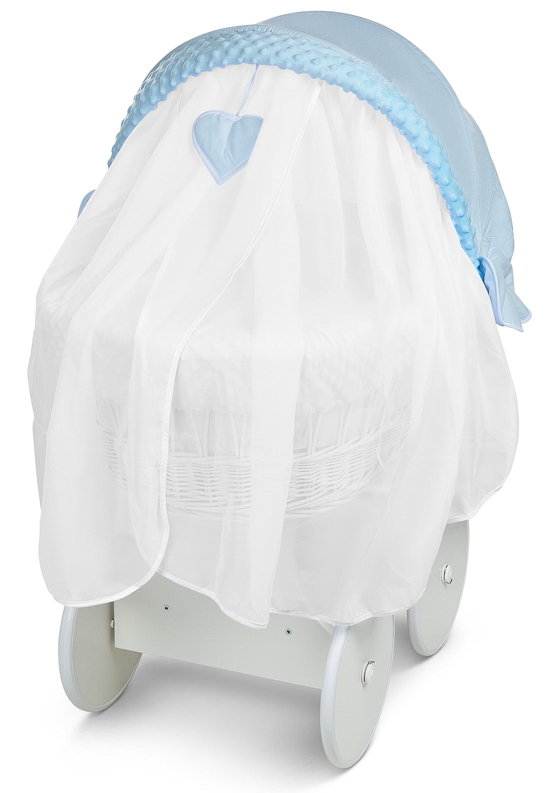 White Wicker Baby Moses Basket Wheels Blue Dimple Bedding