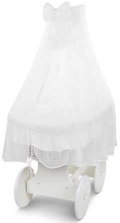 White Wicker Wheels Moses Basket +Full Bedding Set White Cotton - MyHappy Baby