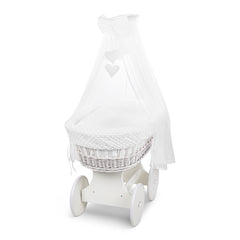 White Wicker Moses Basket with Wheels & White Dimple Bedding Set - MyHappy Baby