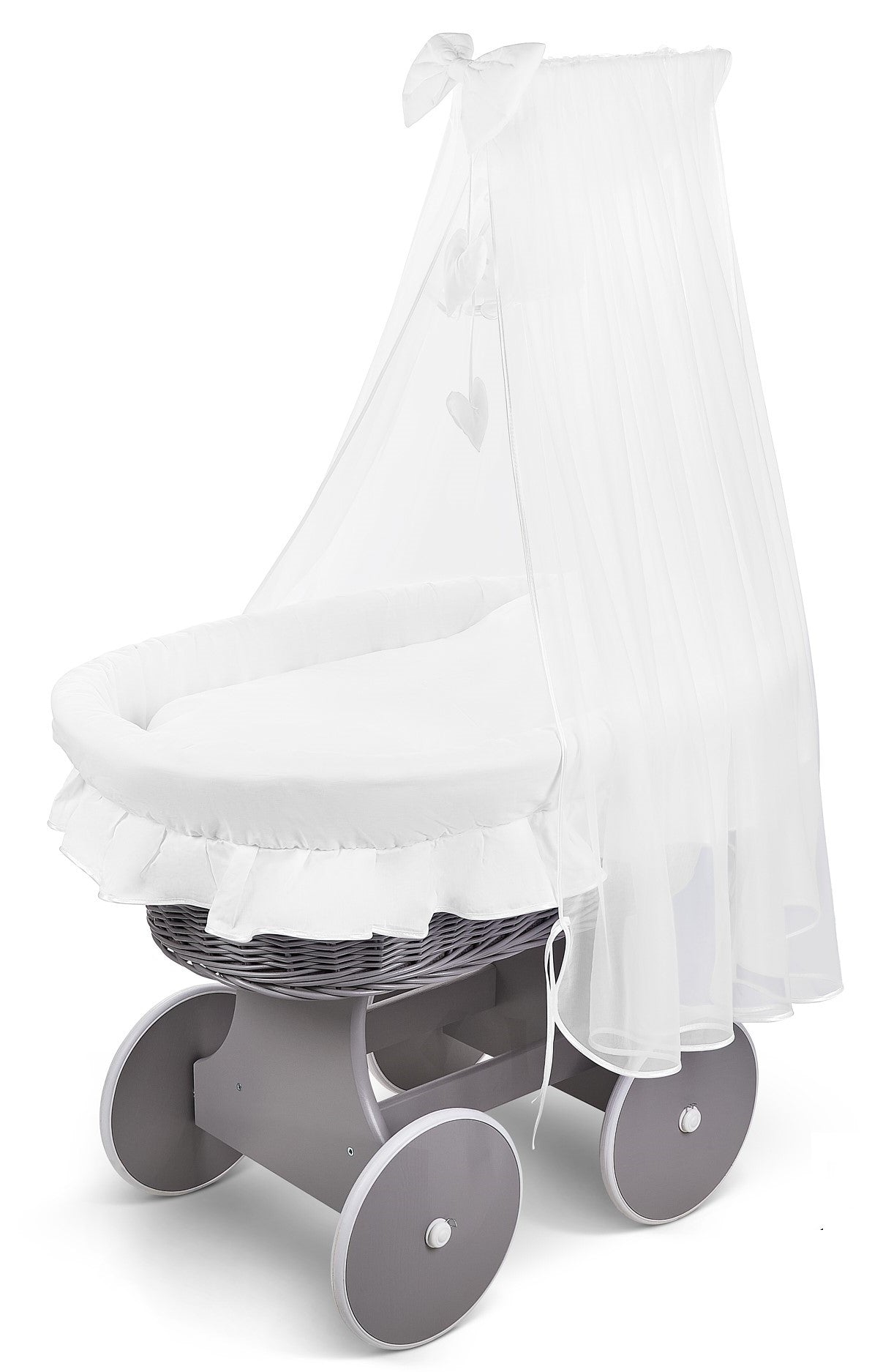 Grey Wicker Wheels Moses Basket Baby+Full Bedding Set White Cotton