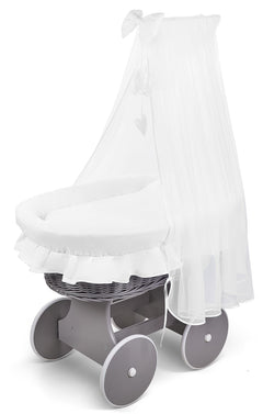 Grey Wicker Wheels Moses Basket Baby+Full Bedding Set White Cotton - MyHappy Baby