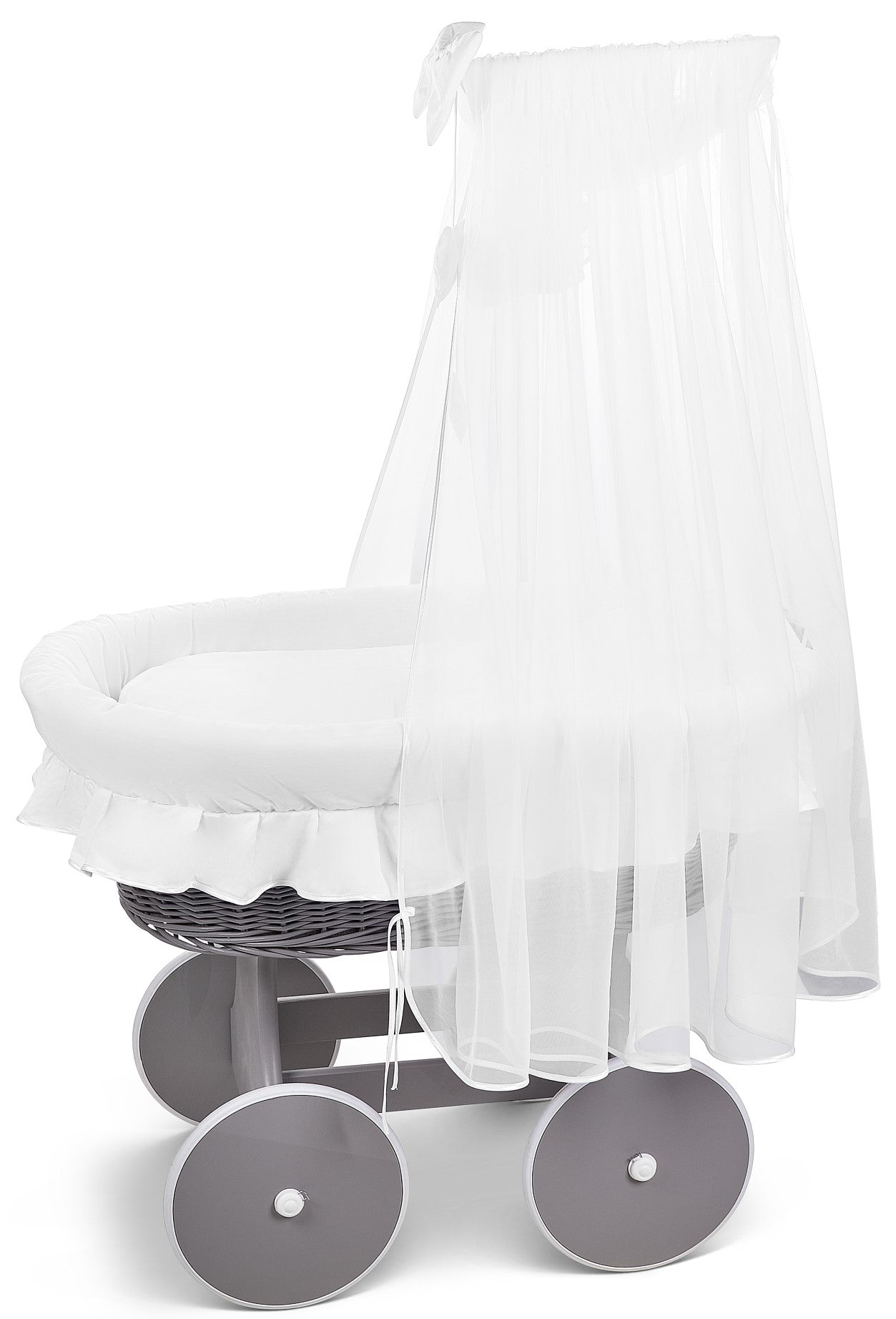 Grey Wicker Wheels Moses Basket Baby+Full Bedding Set White Cotton