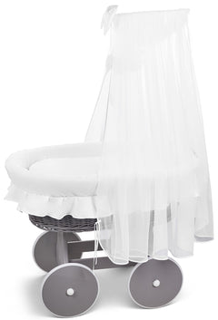 Grey Wicker Wheels Moses Basket Baby+Full Bedding Set White Cotton - MyHappy Baby