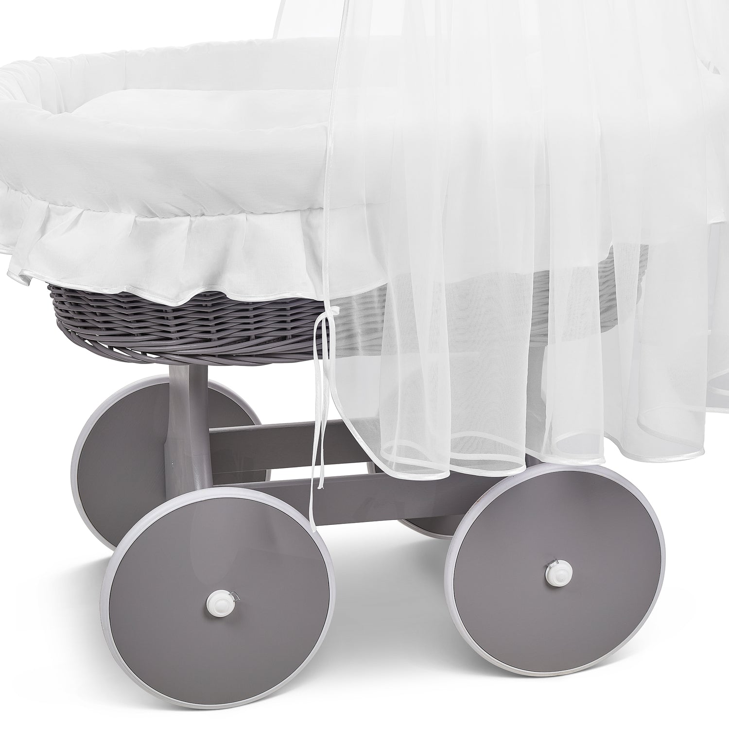Grey Wicker Wheels Moses Basket Baby+Full Bedding Set White Cotton