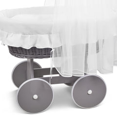 Grey Wicker Wheels Moses Basket Baby+Full Bedding Set White Cotton - MyHappy Baby