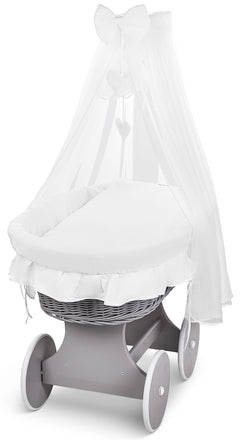 Grey Wicker Wheels Moses Basket Baby+Full Bedding Set White Cotton - MyHappy Baby