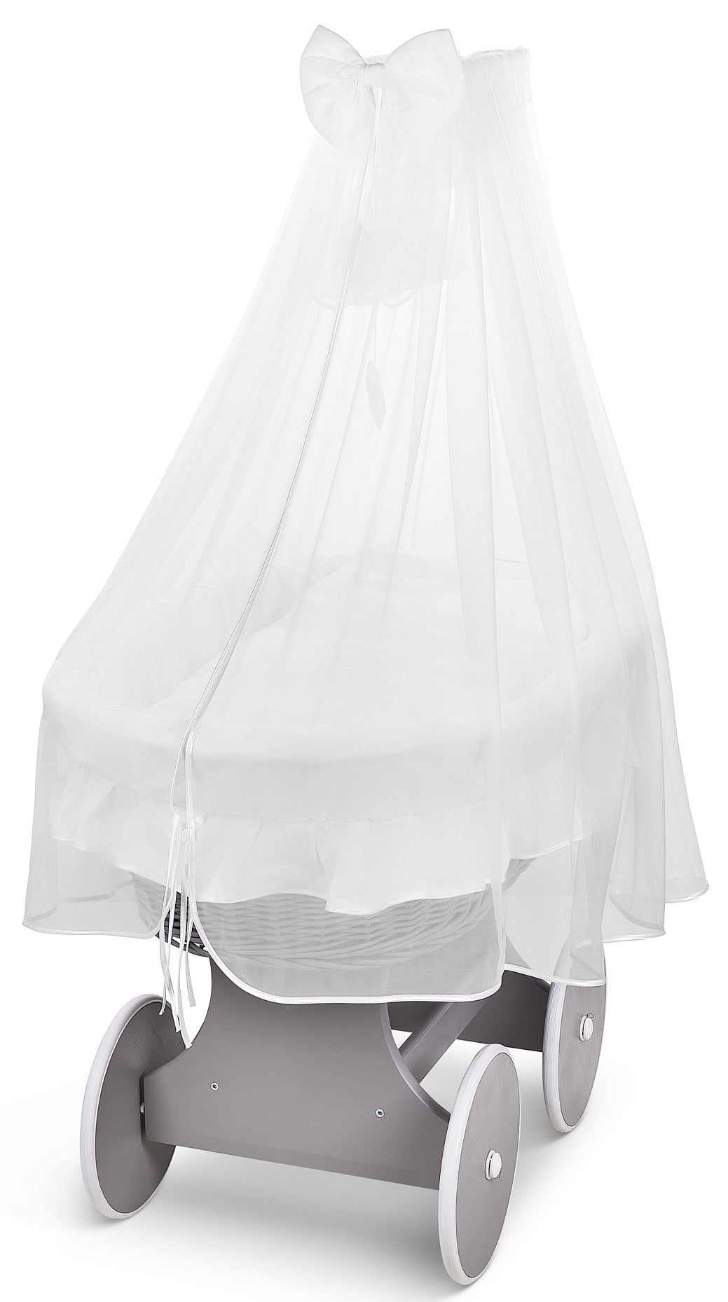 Grey Wicker Wheels Moses Basket Baby+Full Bedding Set White Cotton