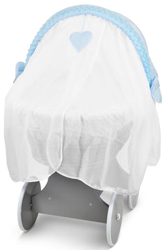 Grey Wicker Wheels Crib/Baby Moses Basket & Complete Bedding Blue/Dimple - MyHappy Baby