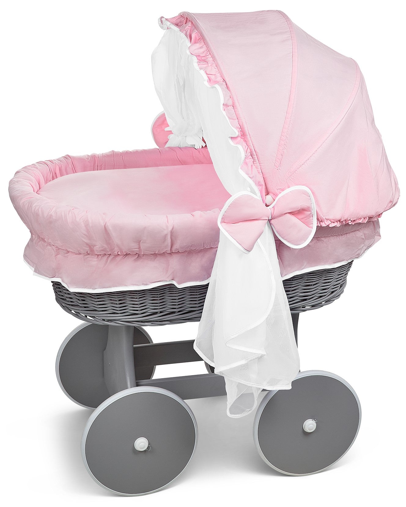 Grey Wicker Wheels Crib/Baby Moses Basket & Complete Bedding Pink - 100% Cotton - MyHappy Baby
