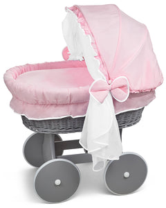 Grey Wicker Wheels Crib/Baby Moses Basket & Complete Bedding Pink - 100% Cotton - MyHappy Baby