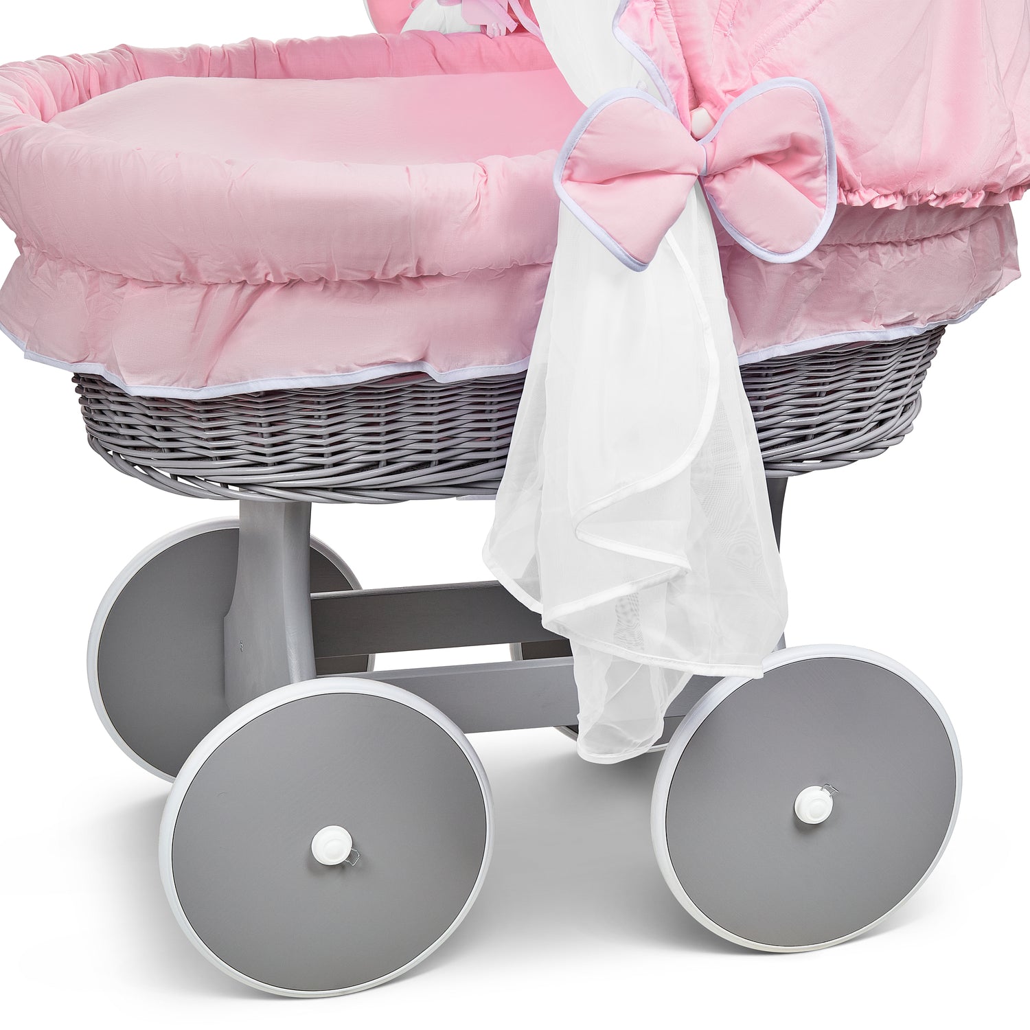 Grey Wicker Wheels Crib/Baby Moses Basket & Complete Bedding Pink - 100% Cotton - MyHappy Baby