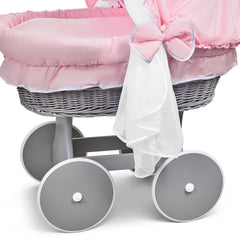 Grey Wicker Wheels Crib/Baby Moses Basket & Complete Bedding Pink - 100% Cotton - MyHappy Baby