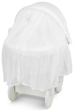 White Wicker Wheels Crib/Baby Moses Basket + Complete Bedding White/Dimple - MyHappy Baby