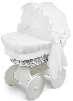 White Wicker Wheels Crib/Baby Moses Basket + Complete Bedding White/Cotton - MyHappy Baby