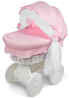 White Wicker Wheels Crib/Baby Moses Basket + Complete Bedding Pink/Cotton - MyHappy Baby