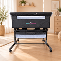 BABYMAM Milo Folding Bedside Crib with Mattress, Mosquito Net & Storage Basket – Grey