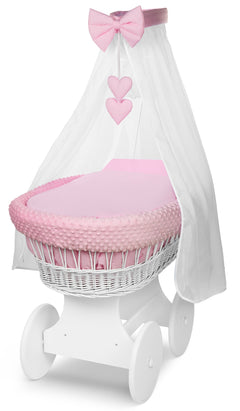 White Wicker Baby Moses Basket with Wheels Pink Bedding - MyHappy Baby