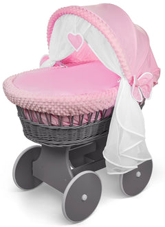 Luxury Moses Basket Grey + Wheels Stand + Full Bedding Dimple Pink with Hood - MyHappy Baby