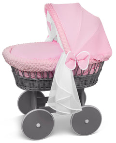 Luxury Moses Basket Grey + Wheels Stand + Full Bedding Dimple Pink with Hood - MyHappy Baby