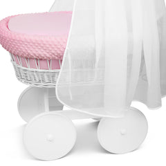 White Wicker Baby Moses Basket with Wheels Pink Bedding - MyHappy Baby