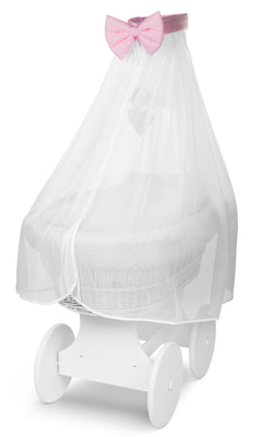 White Wicker Baby Moses Basket with Wheels Pink Bedding - MyHappy Baby
