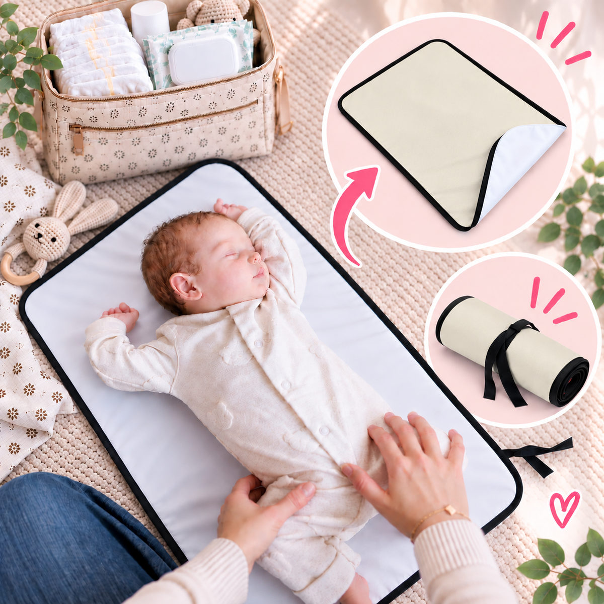 Portable Baby Changing Mat  Waterproof, Reversible & Foldable Travel Nappy Changing Pad (Ecru)