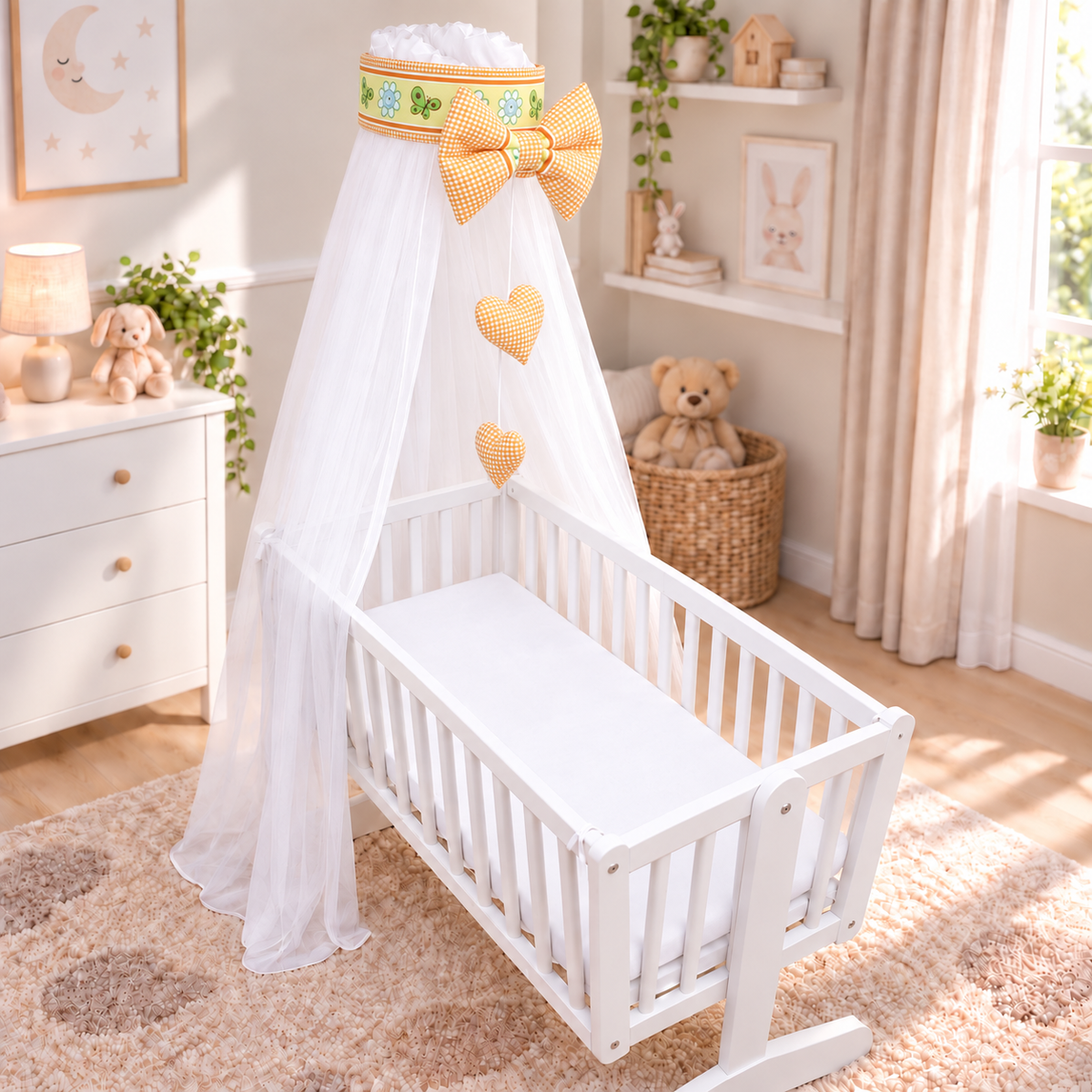 Baby Crib Canopy Mosquito Net with Holder, Decorative Bow & Hanging Hearts – Dino Orange