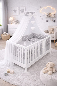 Baby Bedding Set 10Pc Fit Cot Bed 140x70cm - Big White Stars On Grey - MyHappy Baby