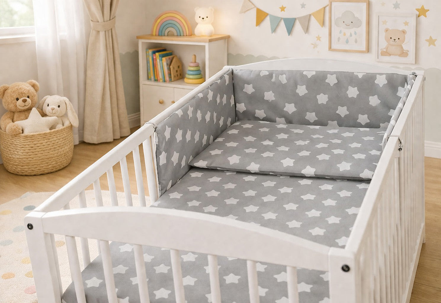 Baby 3Pc Bedding Set Pillow Duvet Bumper Fit Cotbed 140x70cm Big White Stars On Grey - MyHappy Baby