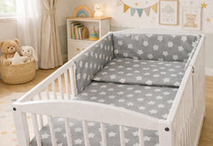 Baby 3Pc Bedding Set Pillow Duvet Bumper Fit Cotbed 140x70cm Big White Stars On Grey - MyHappy Baby