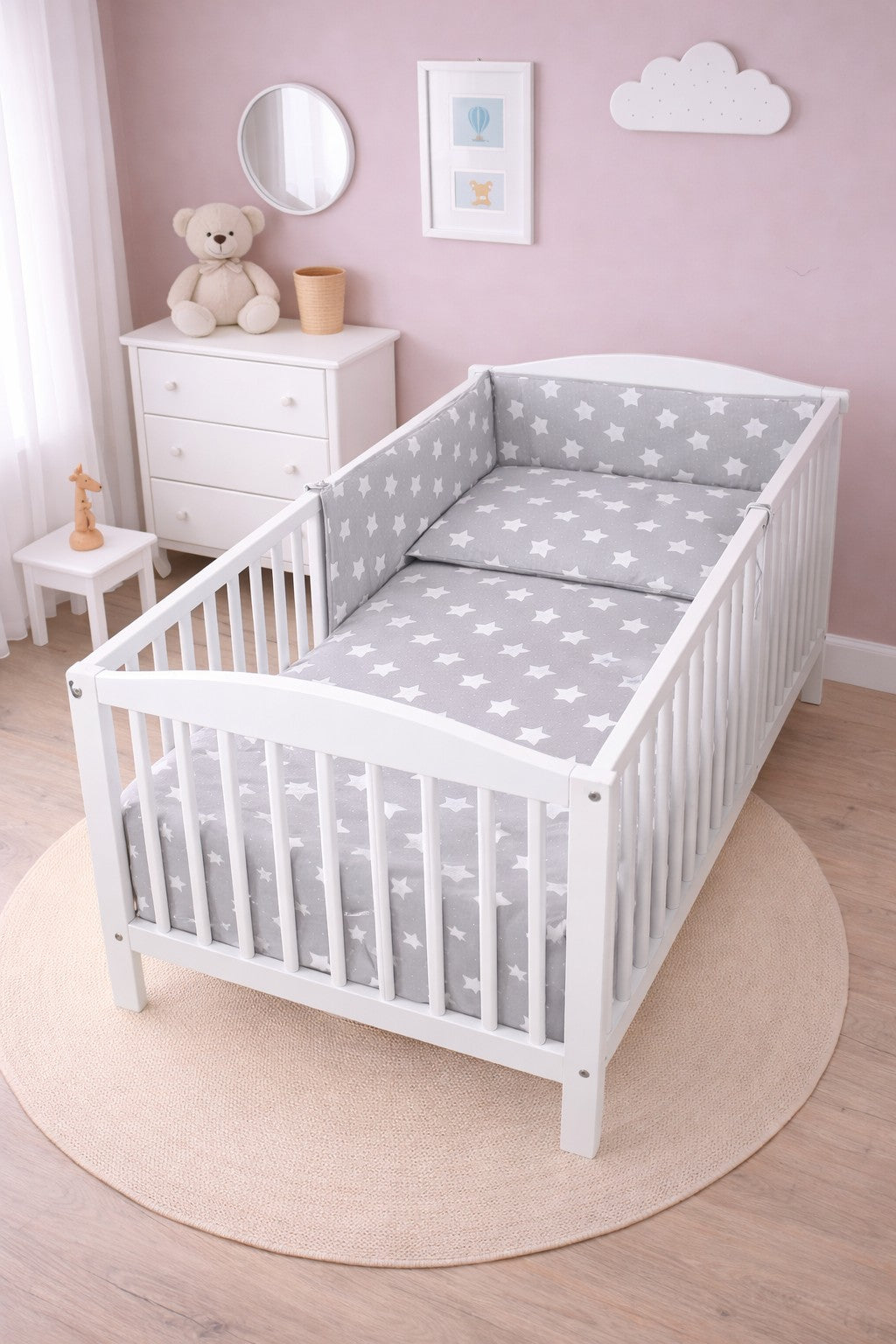 Baby Bedding 6Pc Cotton Set Duvet Cot 120x60cm - Big White Stars With Grey