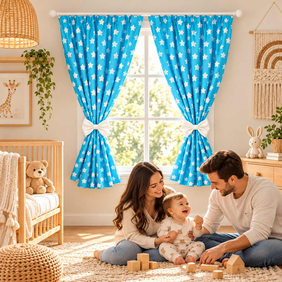 Nursery Curtains for Babies & Toddler's Bedroom Window Big white stars on turquoise