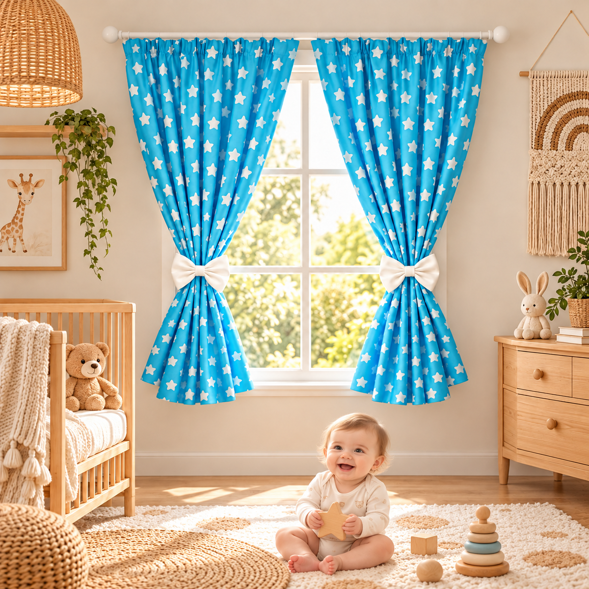 Nursery Curtains for Babies & Toddler's Bedroom Window Big white stars on turquoise