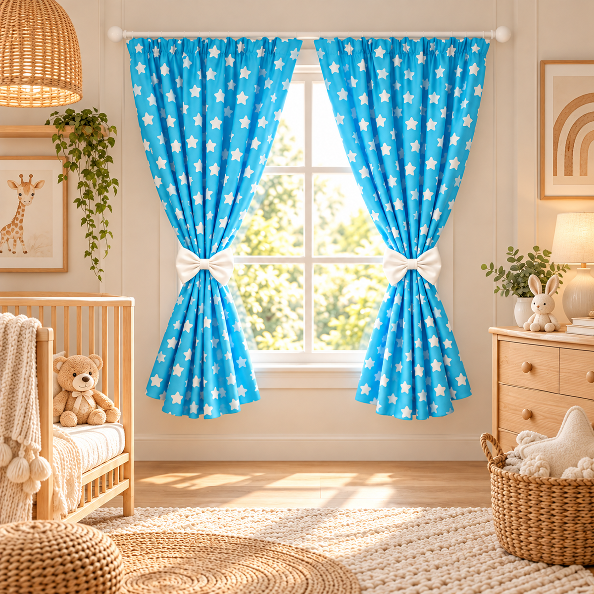 Nursery Curtains for Babies & Toddler's Bedroom Window Big white stars on turquoise