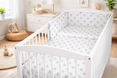 Baby 3Pc Bedding Set Pillow Duvet Bumper Fit Cotbed 140x70cm Big Grey Stars On White - MyHappy Baby
