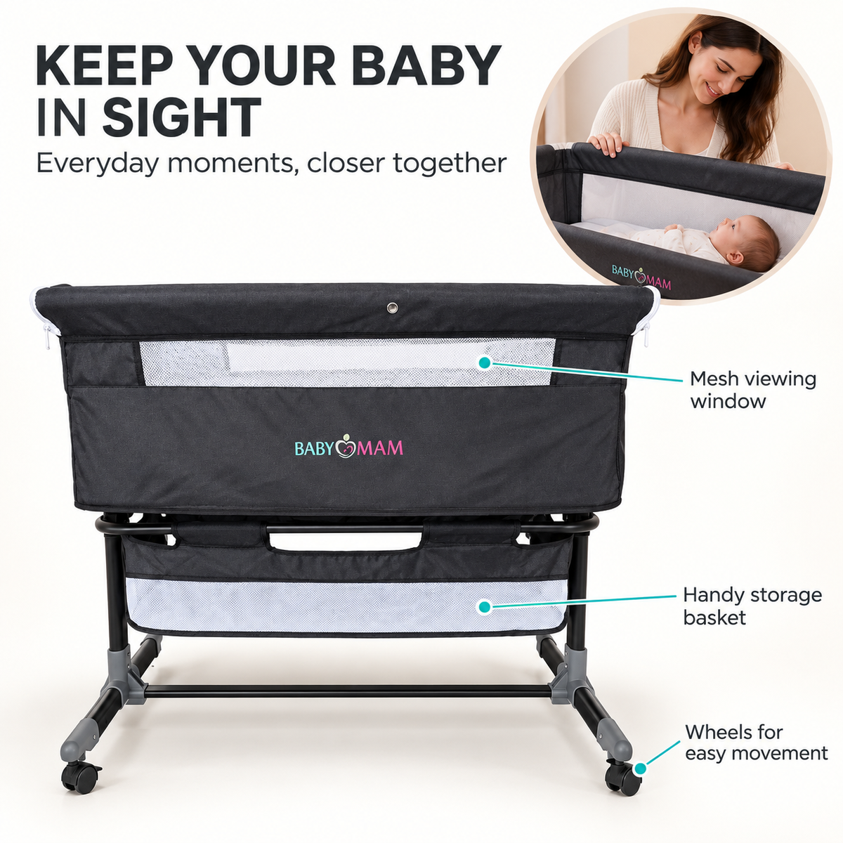BABYMAM Milo Folding Bedside Crib with Mattress, Mosquito Net & Storage Basket – Grey
