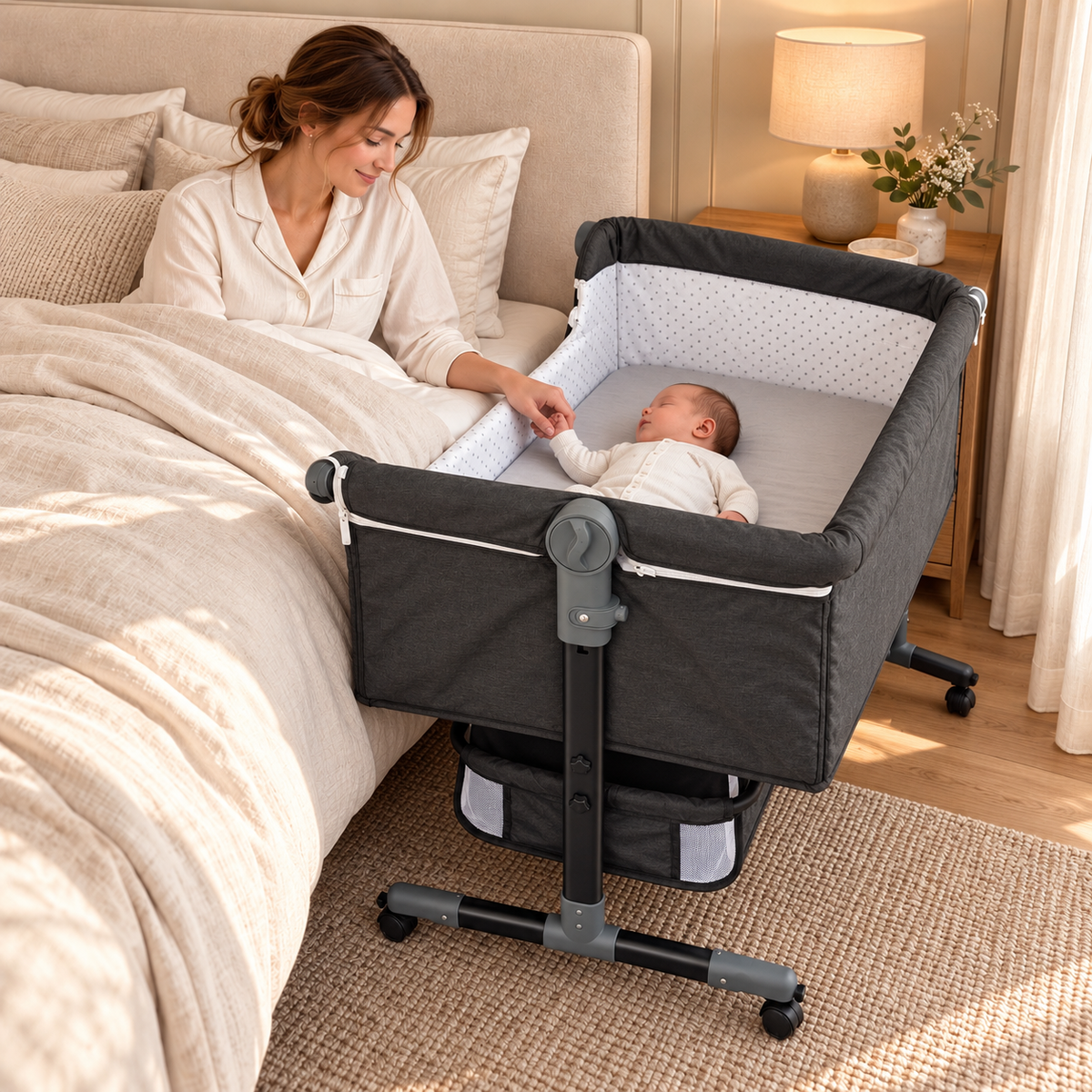 BABYMAM Milo Folding Bedside Crib with Mattress, Mosquito Net & Storage Basket – Grey
