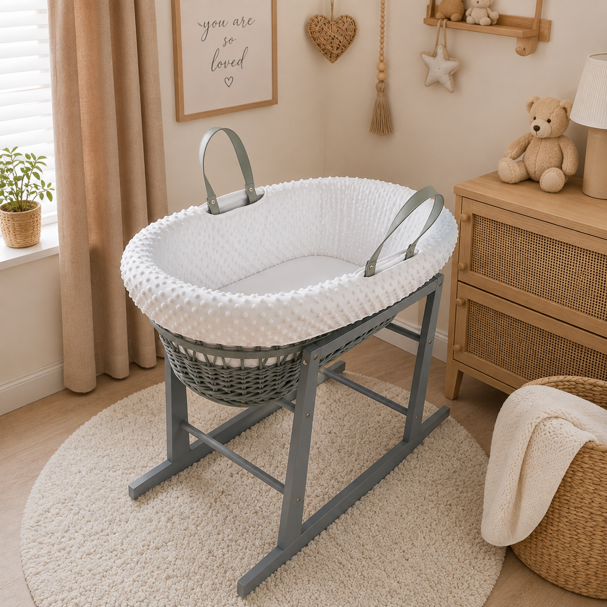 Grey Wicker Moses Basket with Rocking Stand Complete 5-Piece Set (White)